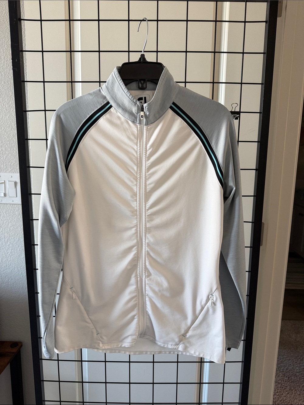 FootJoy White and Light Gray Full-Zip Bomber Jacket with Teal Accent